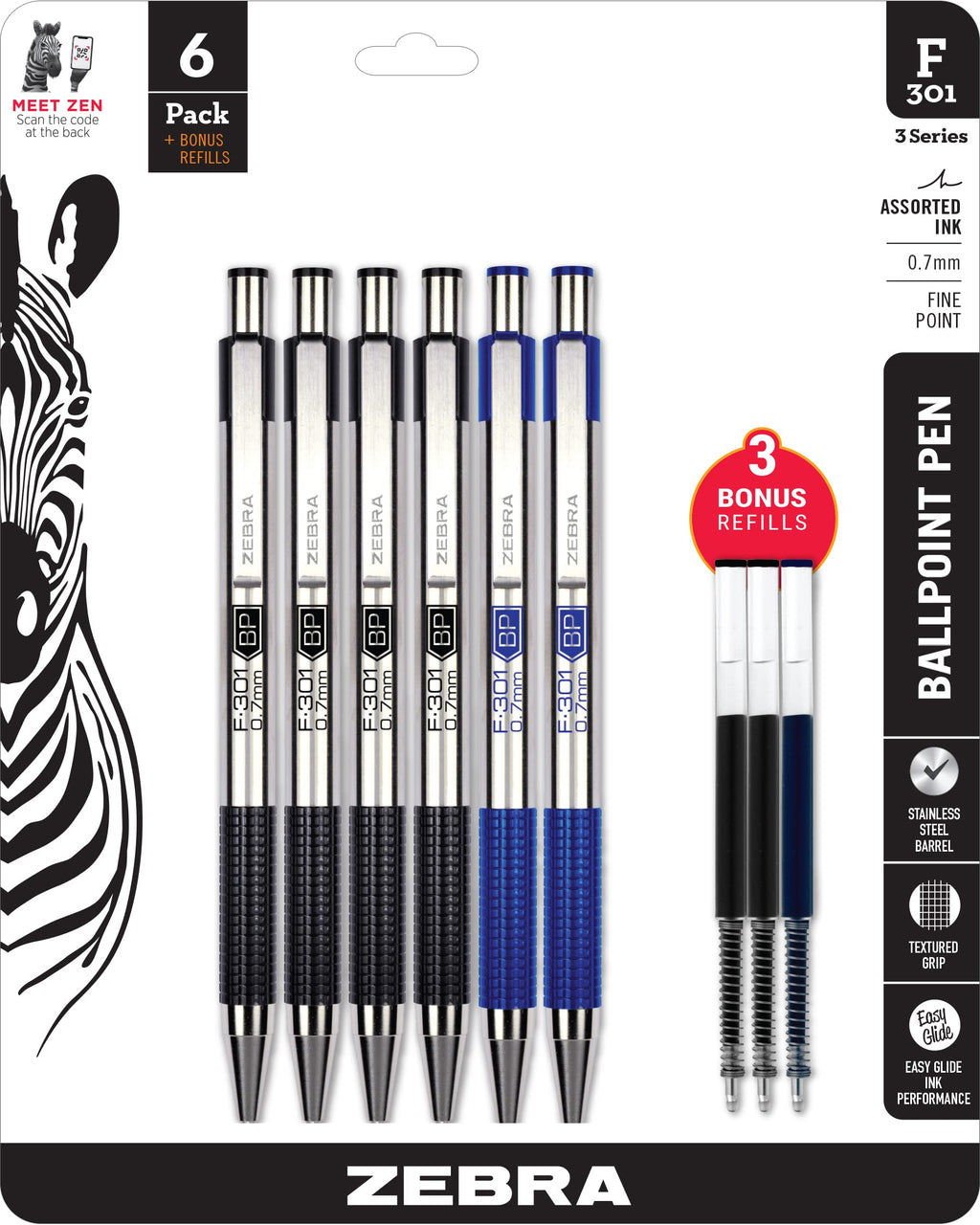 Zebra Pen STEEL F-301 Retractable Ballpoint Pen, Blue Ink, 0.7mm, 6-Pack