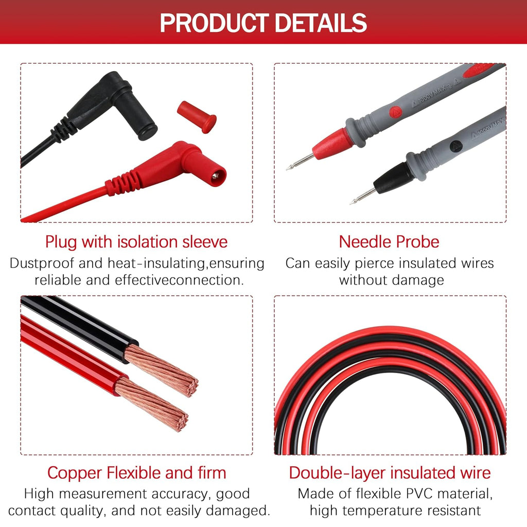 69410 Hard Point Test Lead Set, Multimeter Test Leads 1000V 10A Ultra-Sharp Gold-Plated