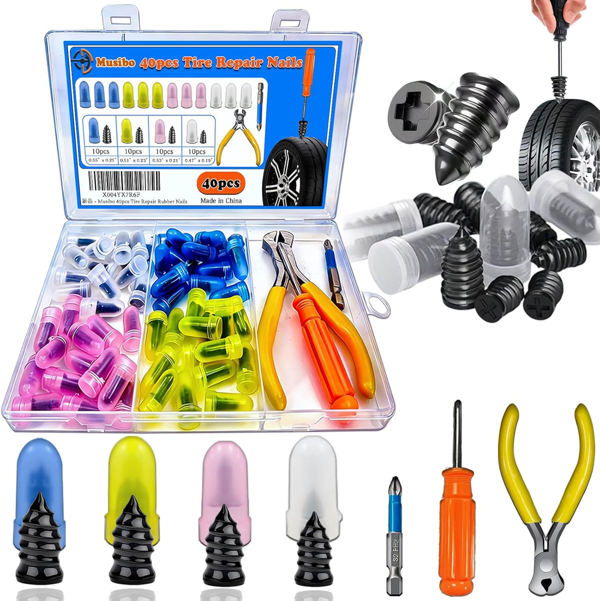 40Pcs Tire Repair Rubber Nails Kit with 4 Sizes, Vacuum Tire Repair Rubber Nail