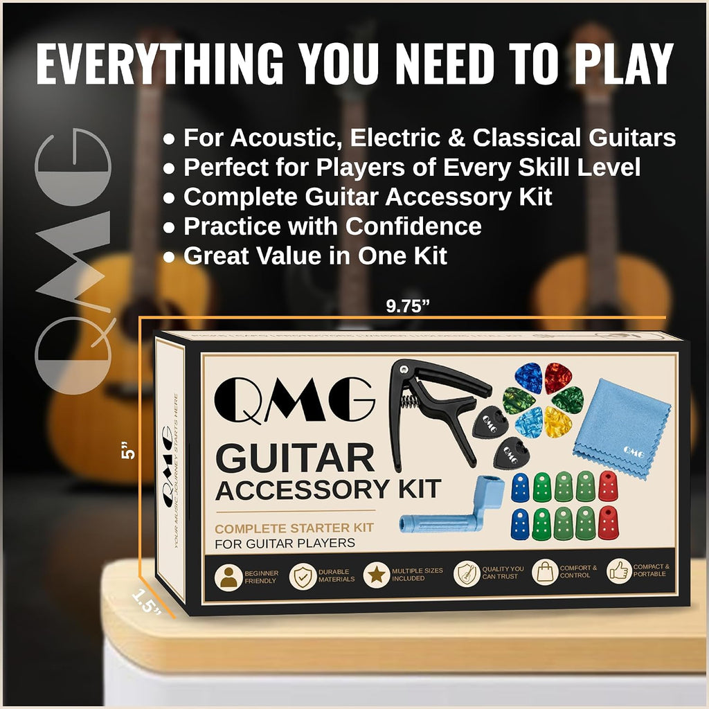 QMG Guitar Accessory Kit – Capo, String Winder, Picks & Finger Protectors