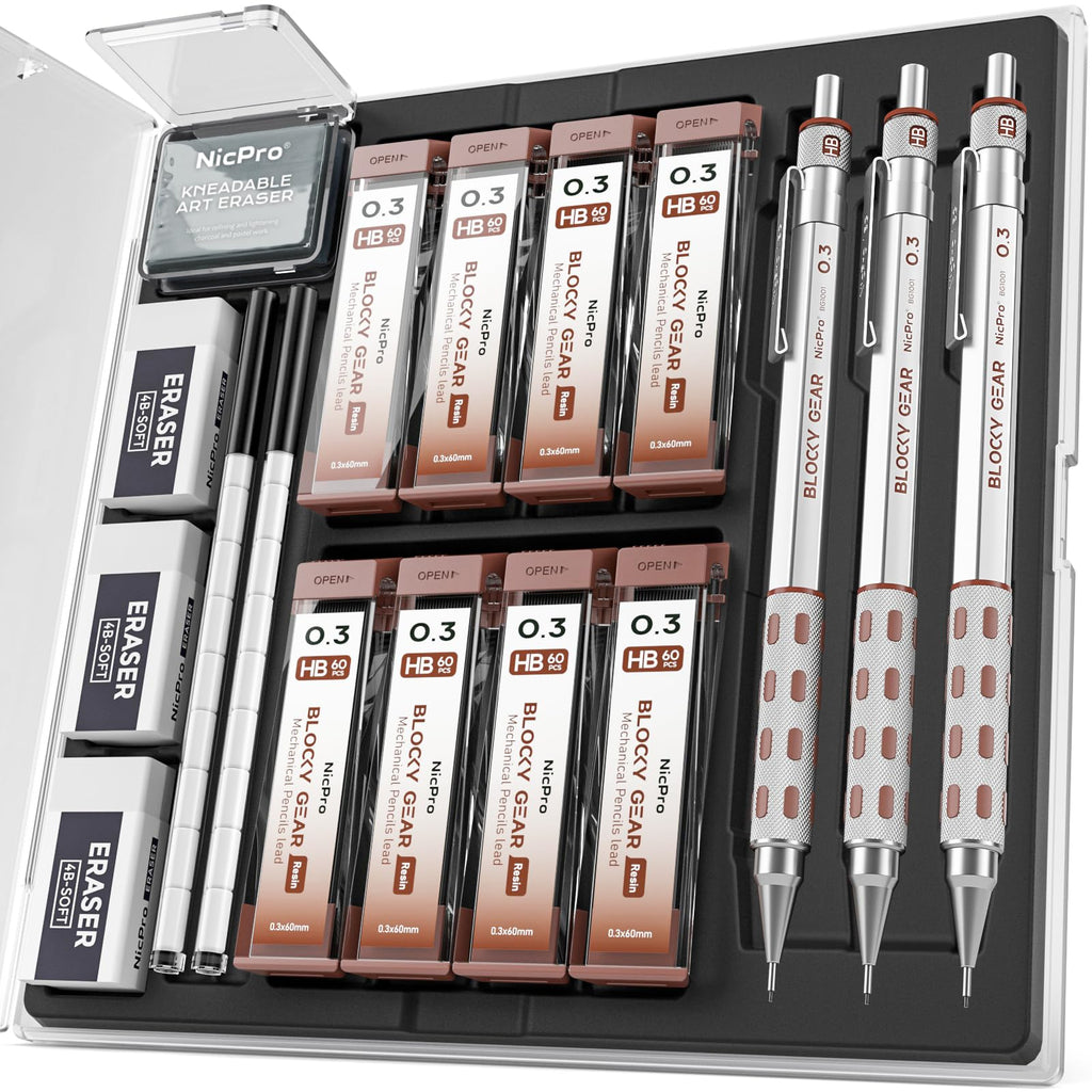 Nicpro Blocky Gear Mechanical Pencils 0.7 mm with Case, 3 Pack