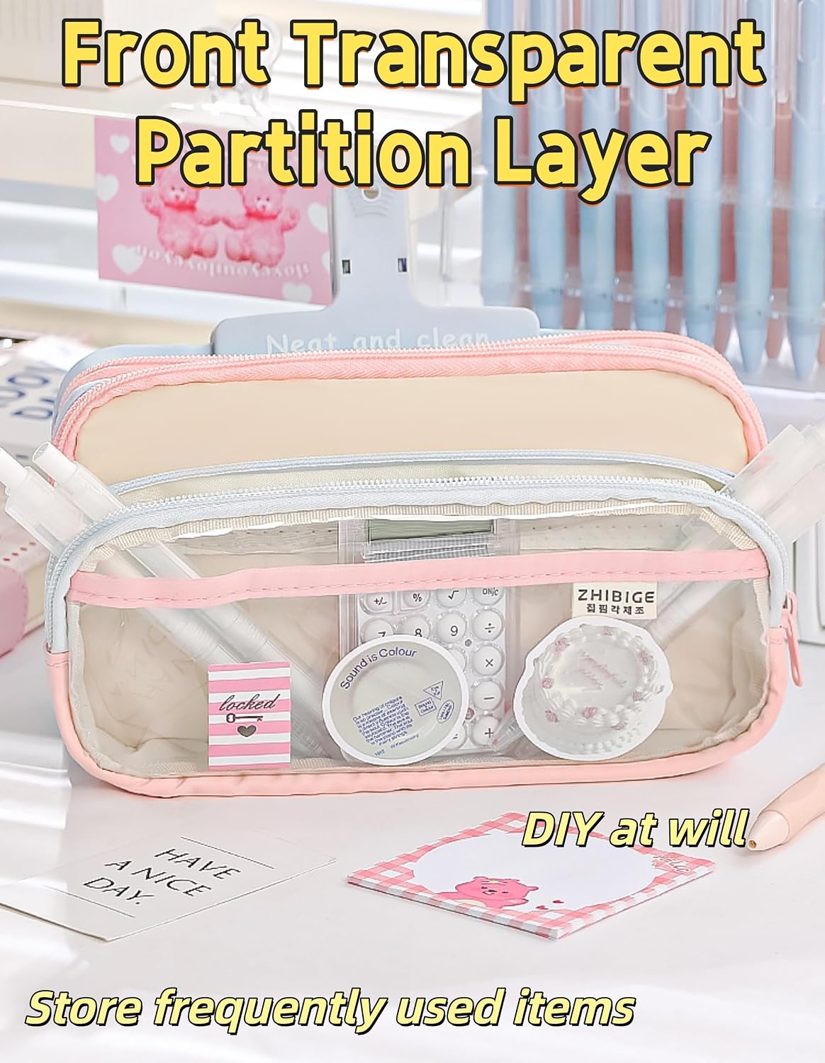 Transparent Large Pencil Case Japanese Pastel Pencil Pouch (Pink)