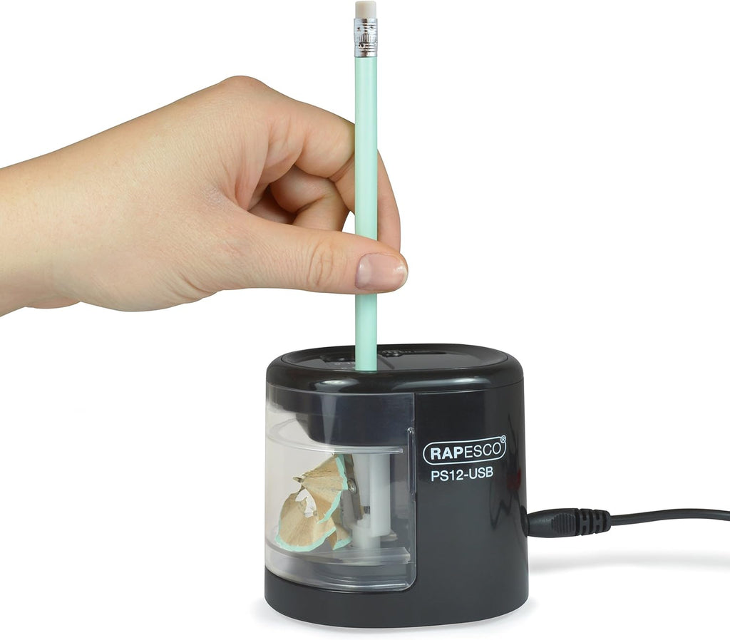 Rapesco 1449 PS12-USB Electric Pencil Sharpener, Dual Hole, Black