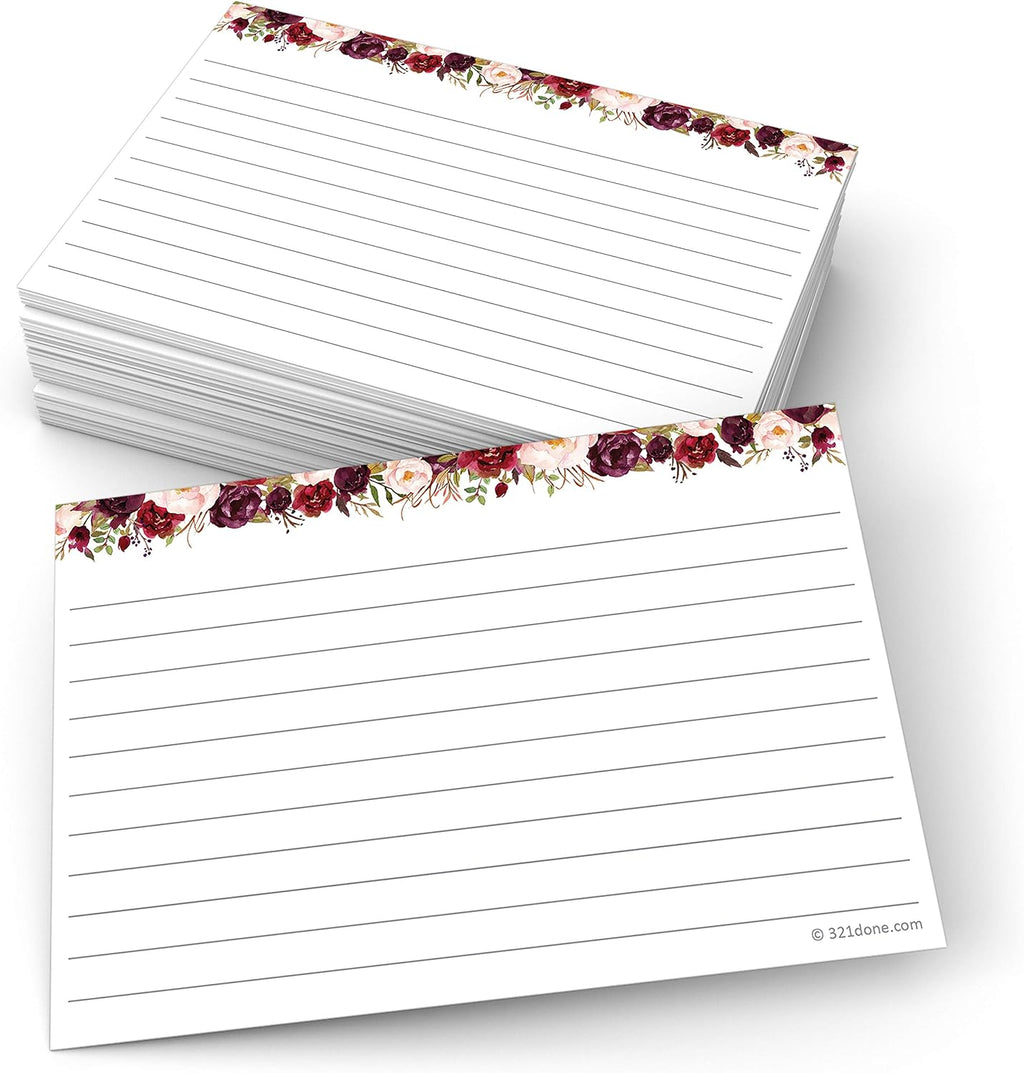 321Done Ruled Index Cards, Small 3x5, Set of 50, Red Roses on White