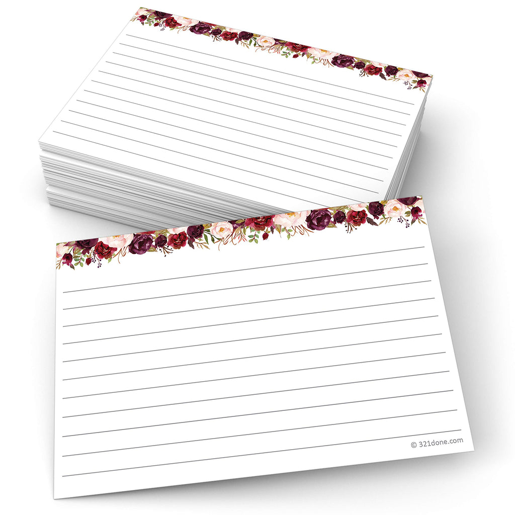 321Done Ruled Index Cards, Small 3x5, Set of 50, Red Roses on White