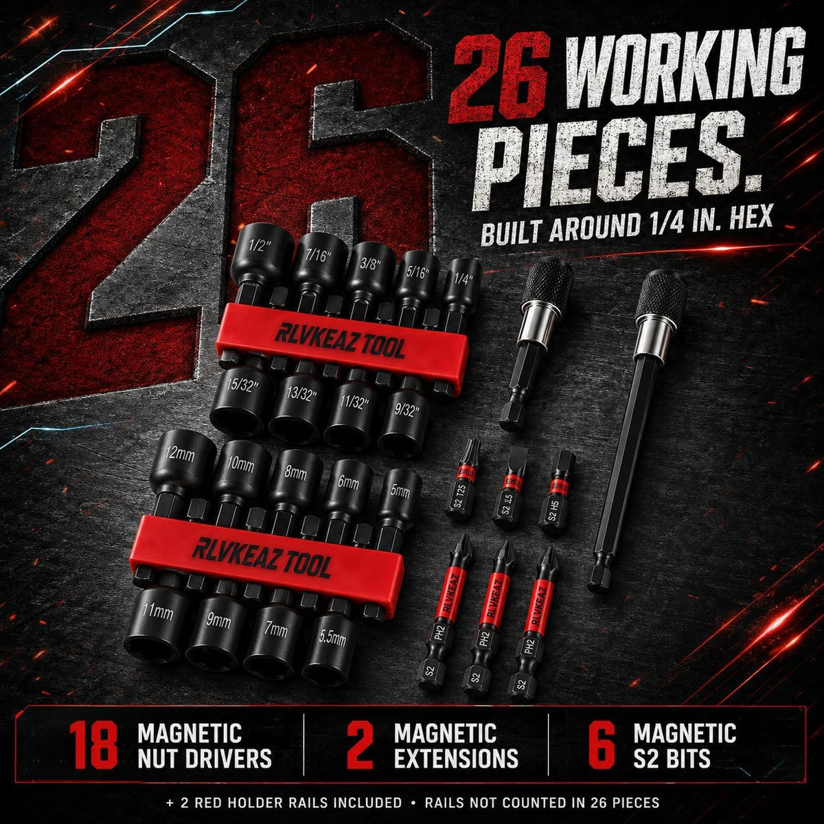 26PC Nut Driver Set Magnetic Impact, Drill Socket Set, Metric & SAE