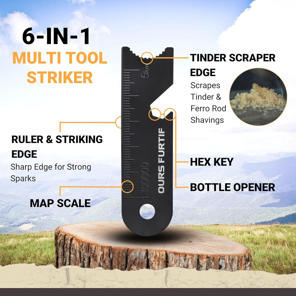 Ferro Rod Fire Starter Kit with Fatwood Tinder Stick - 3/8" Thick Ferrocerium Flint and