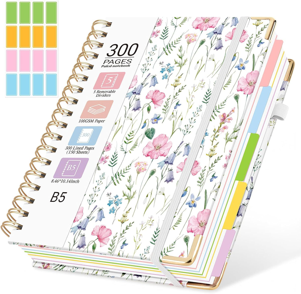 Hardcover Spiral Notebook, 5 Subject Notebook College Ruled 300 Pages