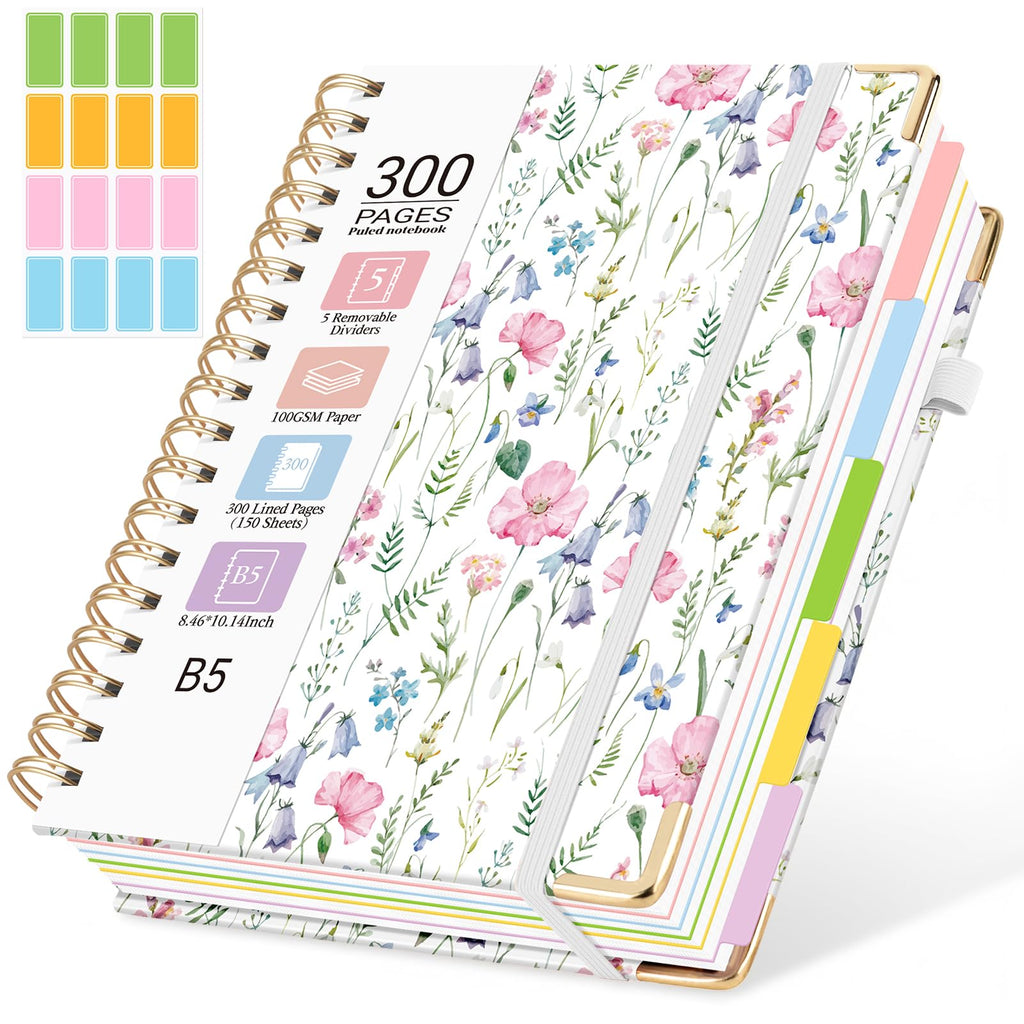 Hardcover Spiral Notebook, 5 Subject Notebook College Ruled 300 Pages
