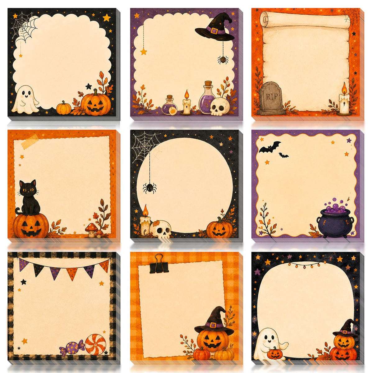 9 Pieces Fall Sticky Notes 3x3 Inch Cute Fall Pumpkin Maple Leaf Note Pads Adesive Memo
