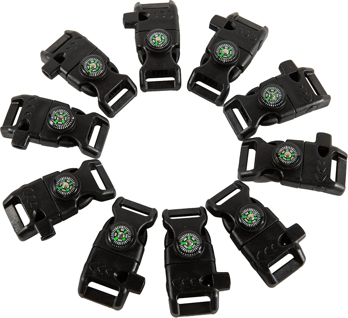 10 PCS Emergency Whistle Buckle come with Compass & Fire Starter & Flint Scraper for