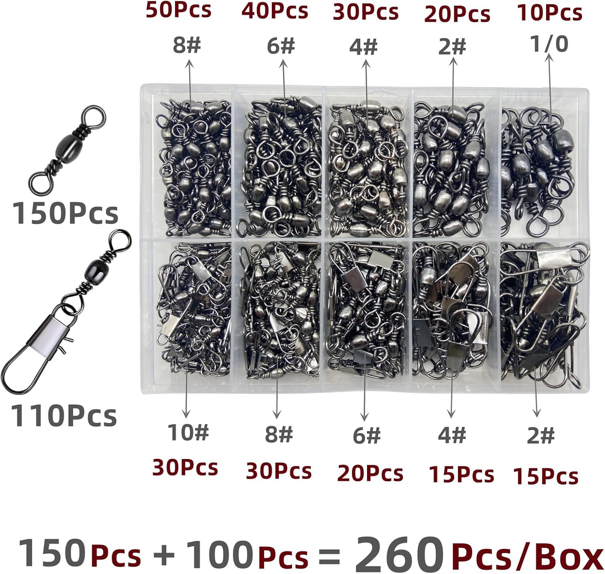 260Pcs/Box with Stainless Steel Fishing Barrel Swivels 150Pcs /Barrel Swivels with Snaps