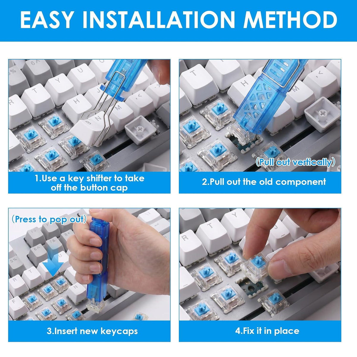 100 PCS Blue Mechanical Keyboard Switches Clickers with Upgraded 4-Claw Switch Puller &