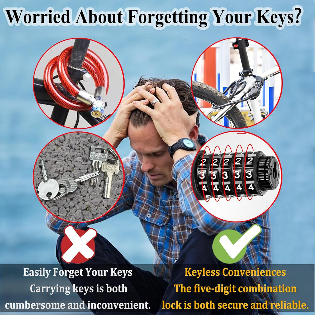 Bike Lock Combination Bike Cable Lock - 5 Digit, Bike Locks Heavy Duty Anti Theft