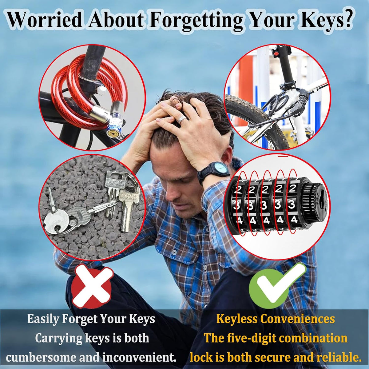 Bike Lock Combination Bike Cable Lock - 5 Digit, Bike Locks Heavy Duty Anti Theft