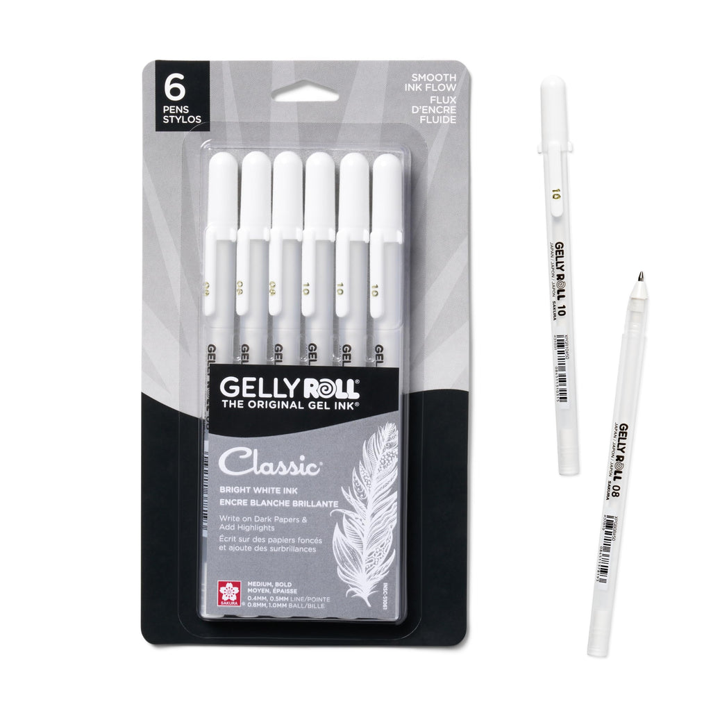 Sakura Gelly Roll Gel Pens, White, Assorted 05/08/10 Tip - 6 Pack