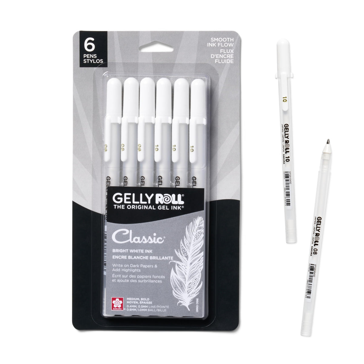 Sakura Gelly Roll Gel Pens, White, Assorted 05/08/10 Tip - 6 Pack