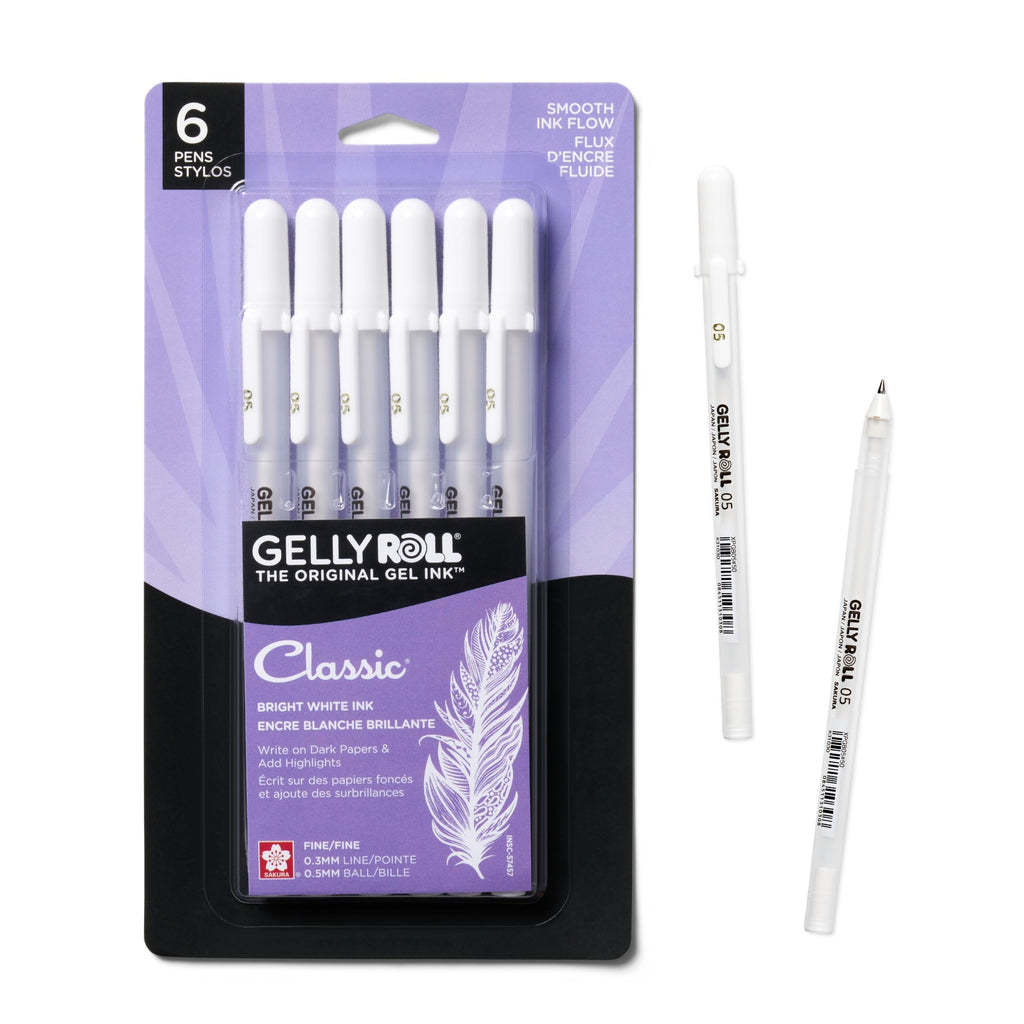 Sakura Gelly Roll Gel Pens, White, Assorted 05/08/10 Tip - 6 Pack
