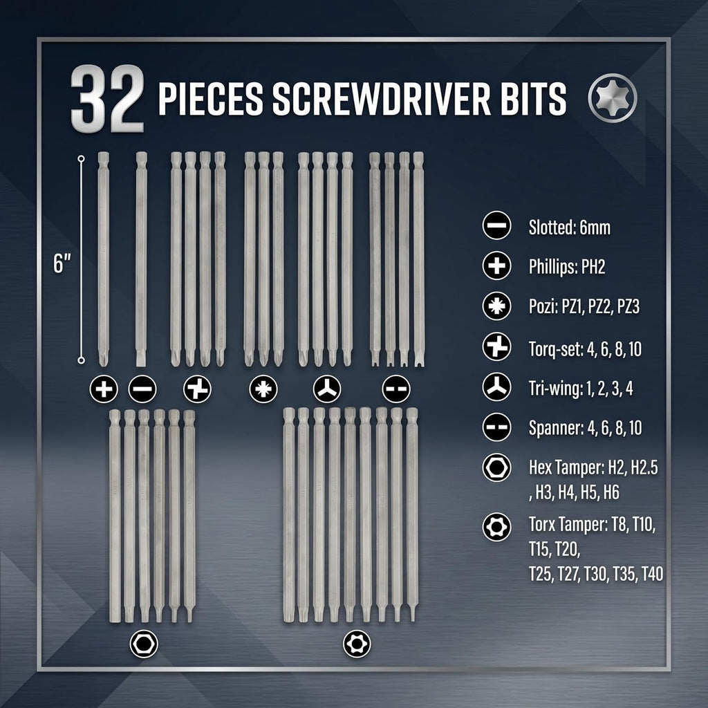 Bates- Long Screwdriver Bits, 6 Inch, 32 pcs, 1/4" Shank, S2 Steel