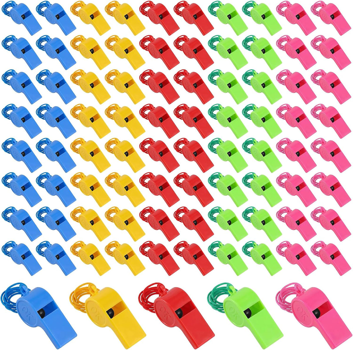 100 Pcs Sport Whistle with Lanyard, Multicolor Loud Plastic Whistles Bulk Sports Whistles