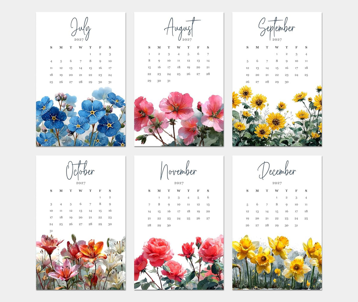 2027 Monthly Office Desk Calendar - Wildflowers - Watercolor Style - Wood Stand - Annual