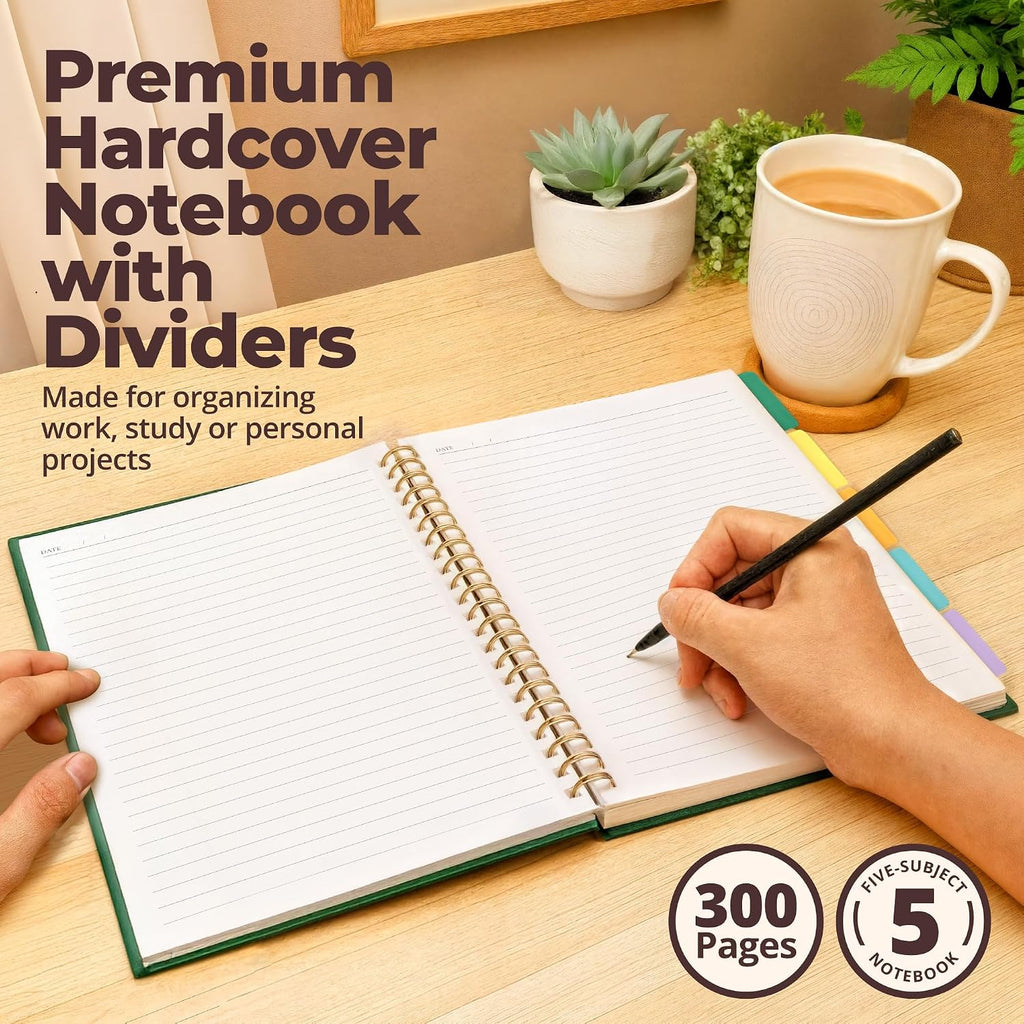 Hardcover Lined Spiral Notebook with Removable Dividers Leather Bound Green