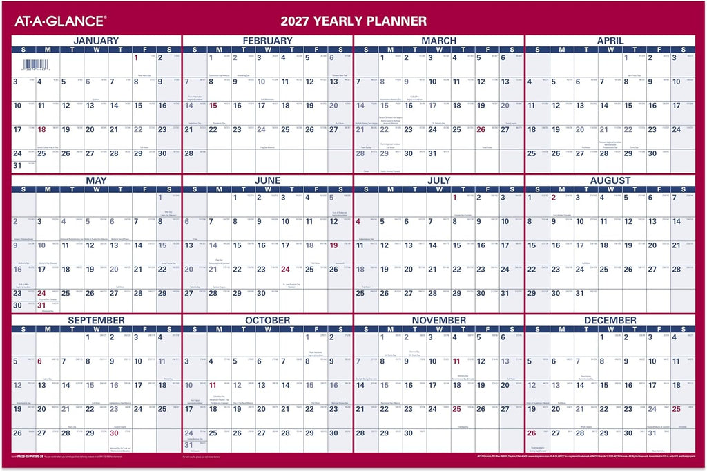 AT-A-GLANCE 2027 Erasable Calendar, Dry Erase Wall Planner, 12" x 16"