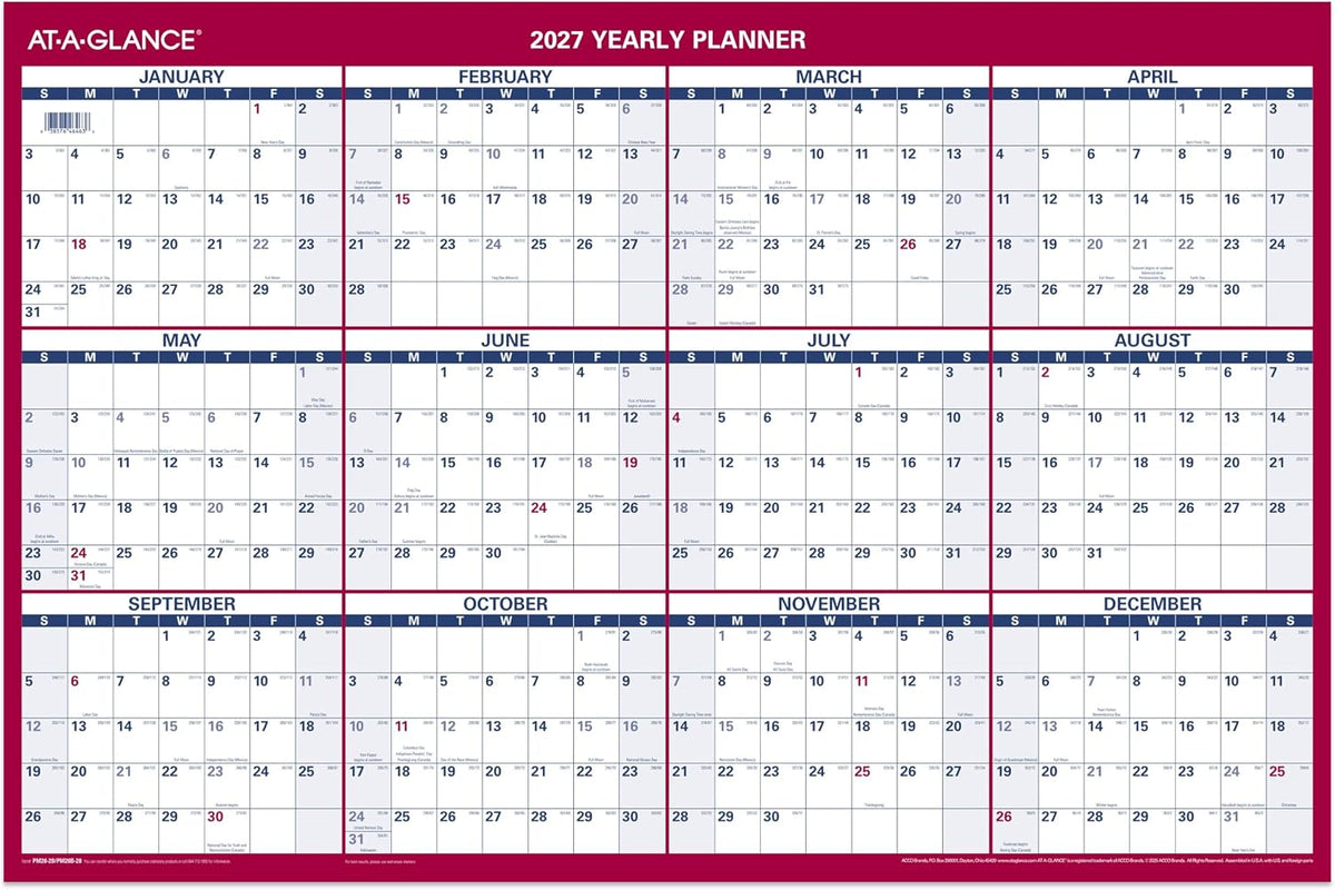 AT-A-GLANCE 2027 Erasable Calendar, Dry Erase Wall Planner, 12" x 16"
