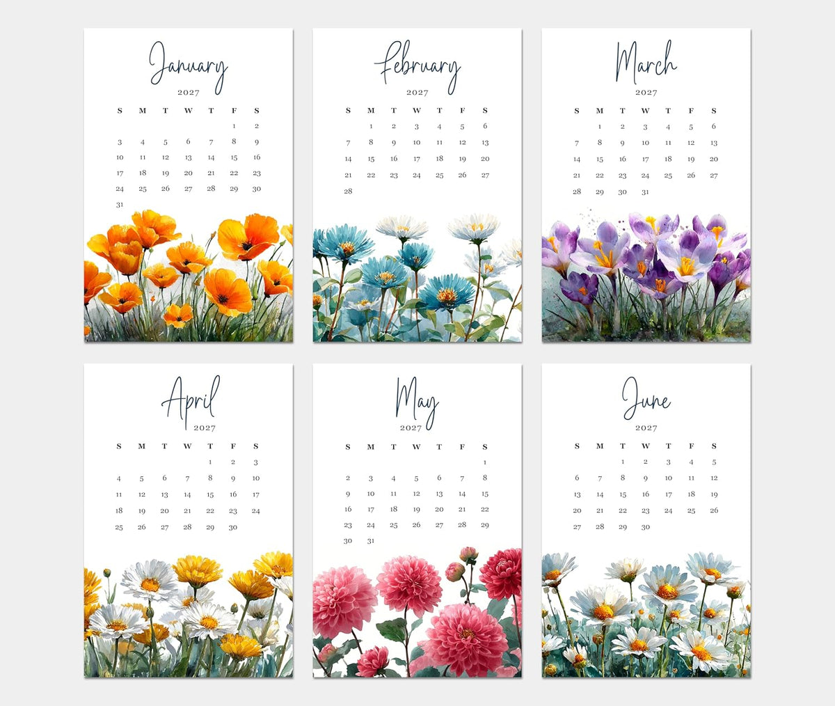 2027 Monthly Office Desk Calendar - Wildflowers - Watercolor Style - Wood Stand - Annual
