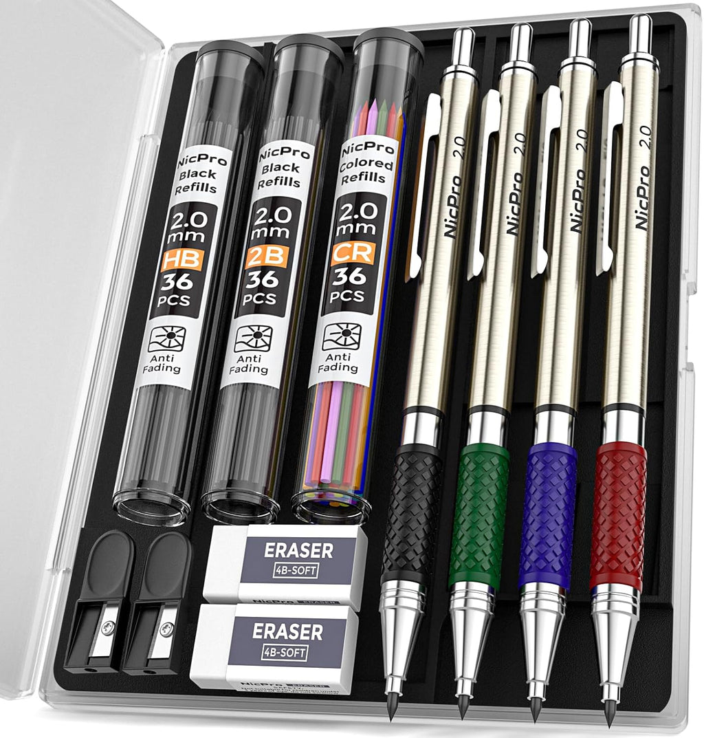 Nicpro 2.0 mm Mechanical Pencils Set, 4PCS Metal Mechanical Drawing Pencil