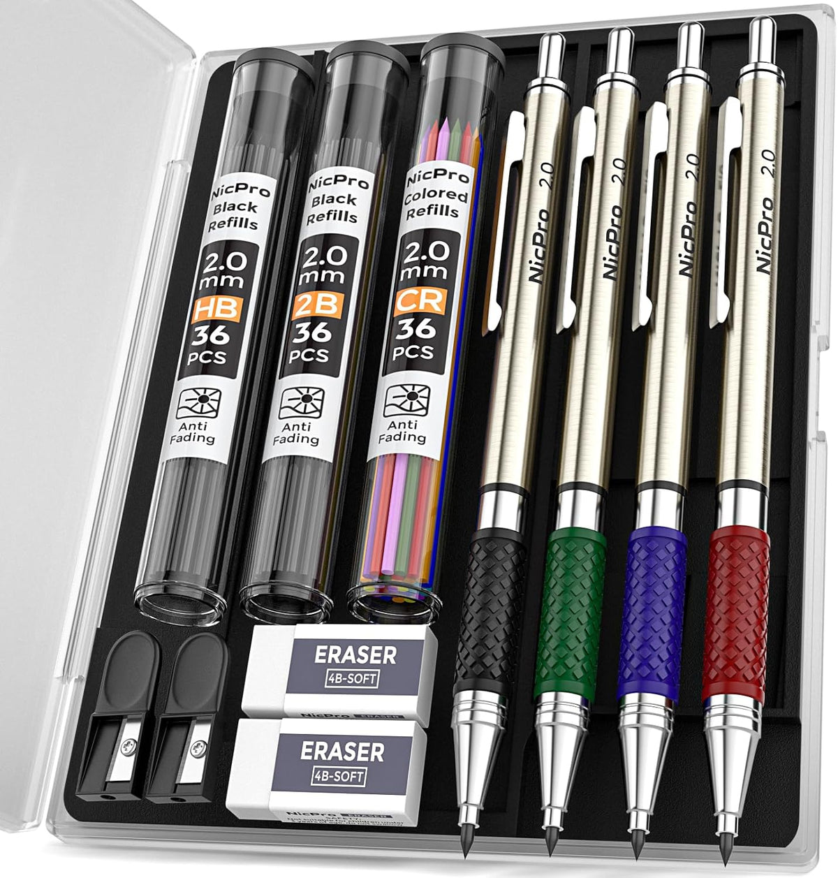 Nicpro 2.0 mm Mechanical Pencils Set, 4PCS Metal Mechanical Drawing Pencil