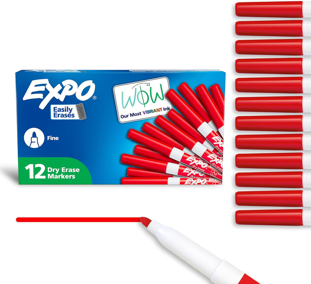EXPO Dry Erase Markers, Low Odor Ink, Red, Fine Tip, 12 Count - Whiteboard, Calendar