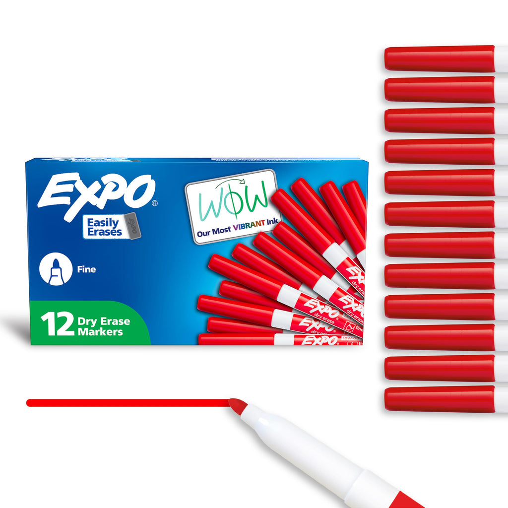 EXPO Dry Erase Markers, Low Odor Ink, Red, Fine Tip, 12 Count - Whiteboard, Calendar