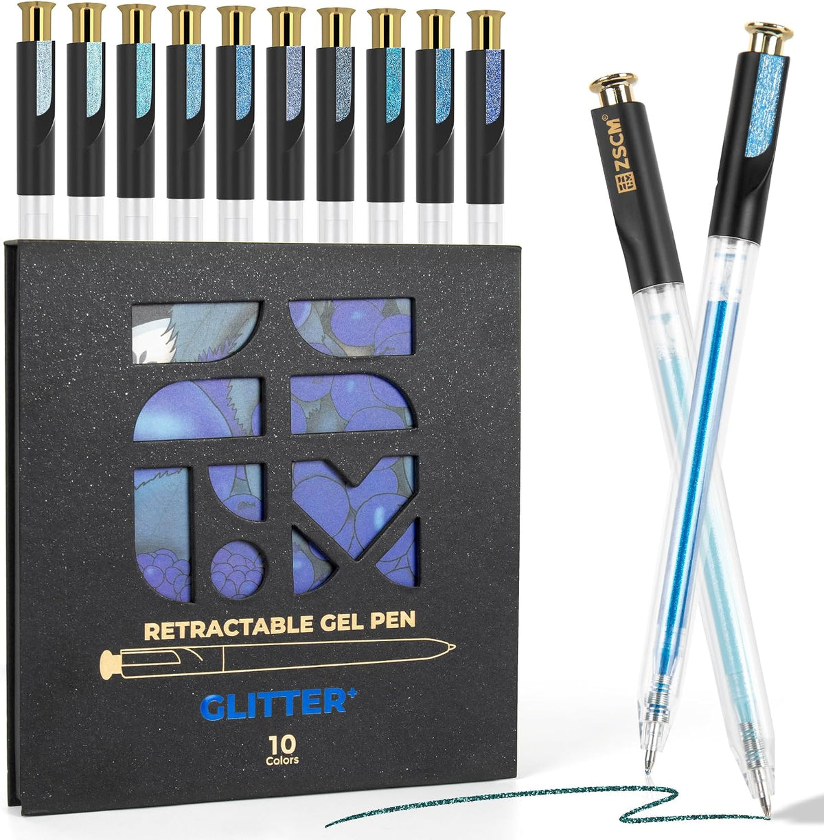 10 Blue Explosive Shimmer Retractable Glitter Gel Pens, Upgraded Sparkle