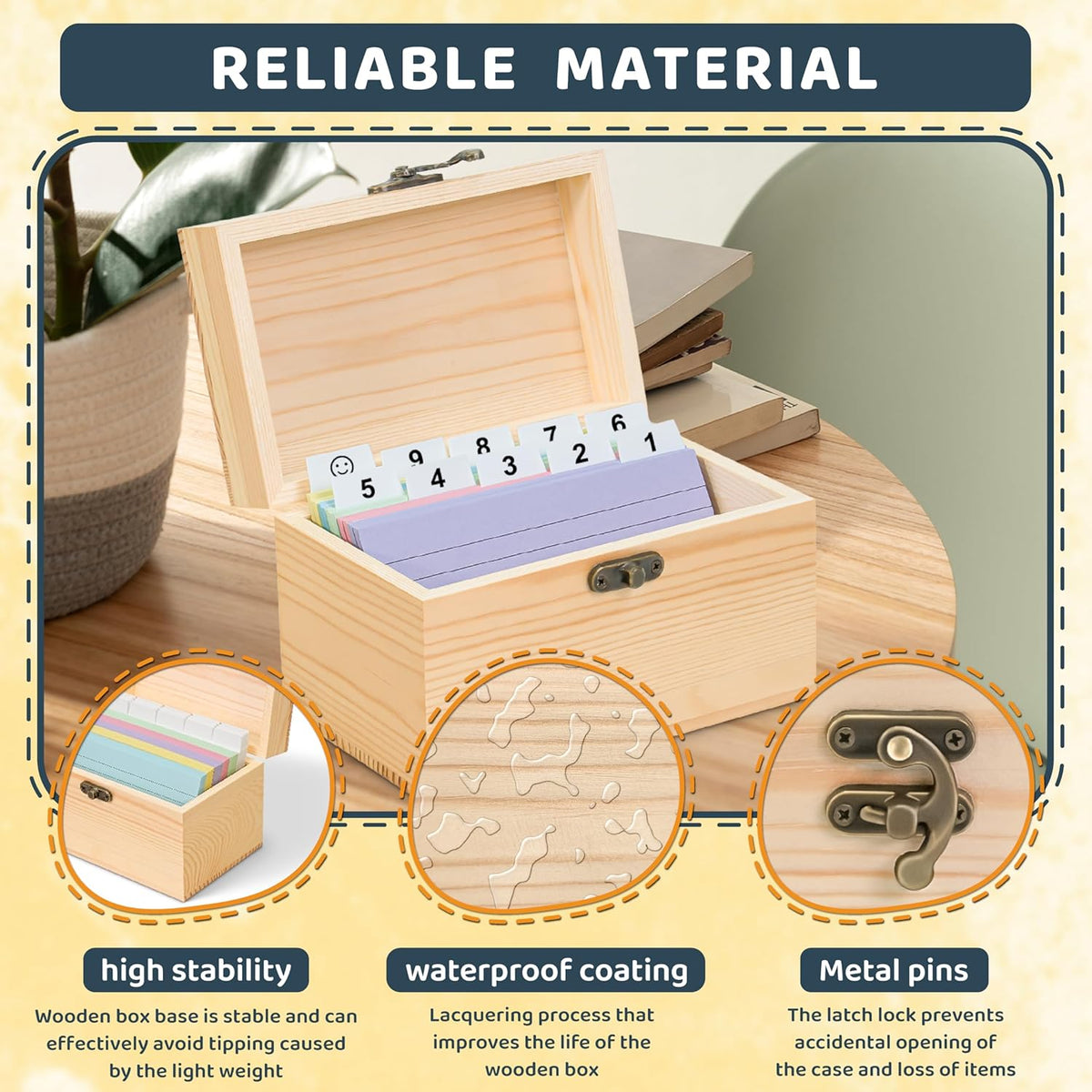 3x5 Wood Index Card Holder Box Set with 100 Flash Cards and 30 Dividers