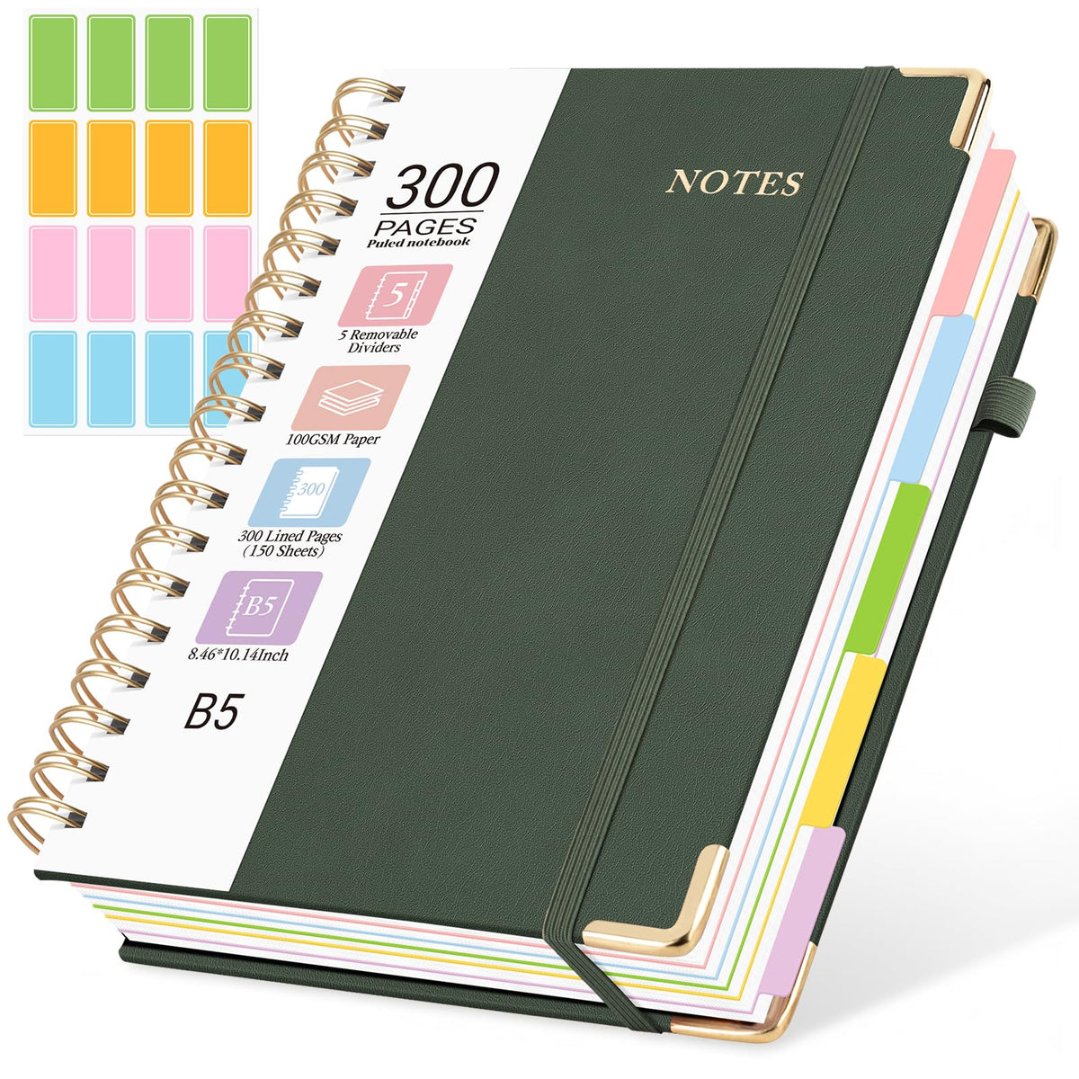 Hardcover Spiral Notebook, 5 Subject Notebook College Ruled 300 Pages