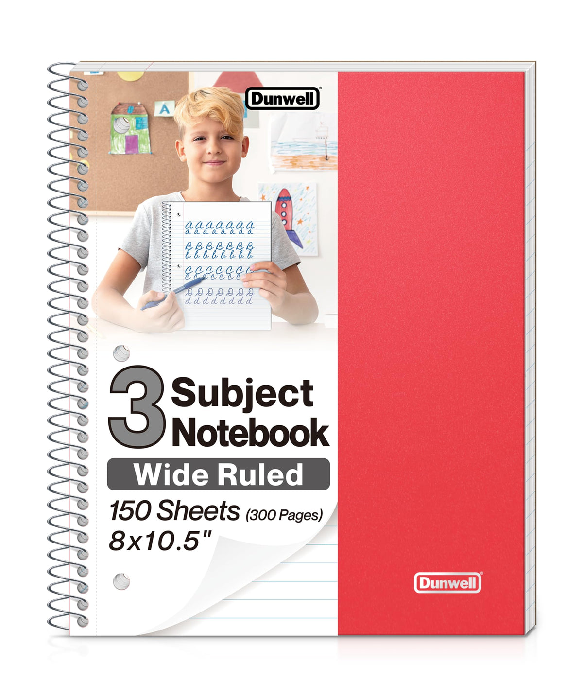 Dunwell 3-Subject Spiral Notebook, Wide Ruled, 150 Sheets, Black