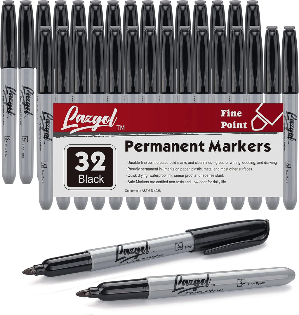 LAZGOL Permanent Markers Bulk, 32 Pack Black Permanent Marker Set, Fine Tip
