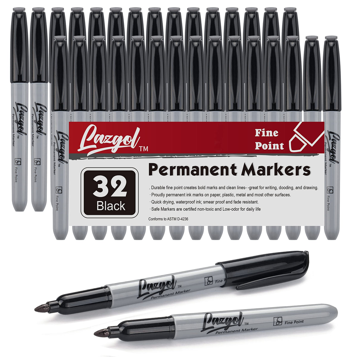 LAZGOL Permanent Markers Bulk, 32 Pack Black Permanent Marker Set, Fine Tip