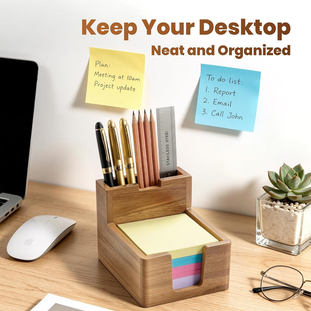 Acacia Wood Sticky Note Holder with Pen Slot, 3x3 Post It Note Dispenser