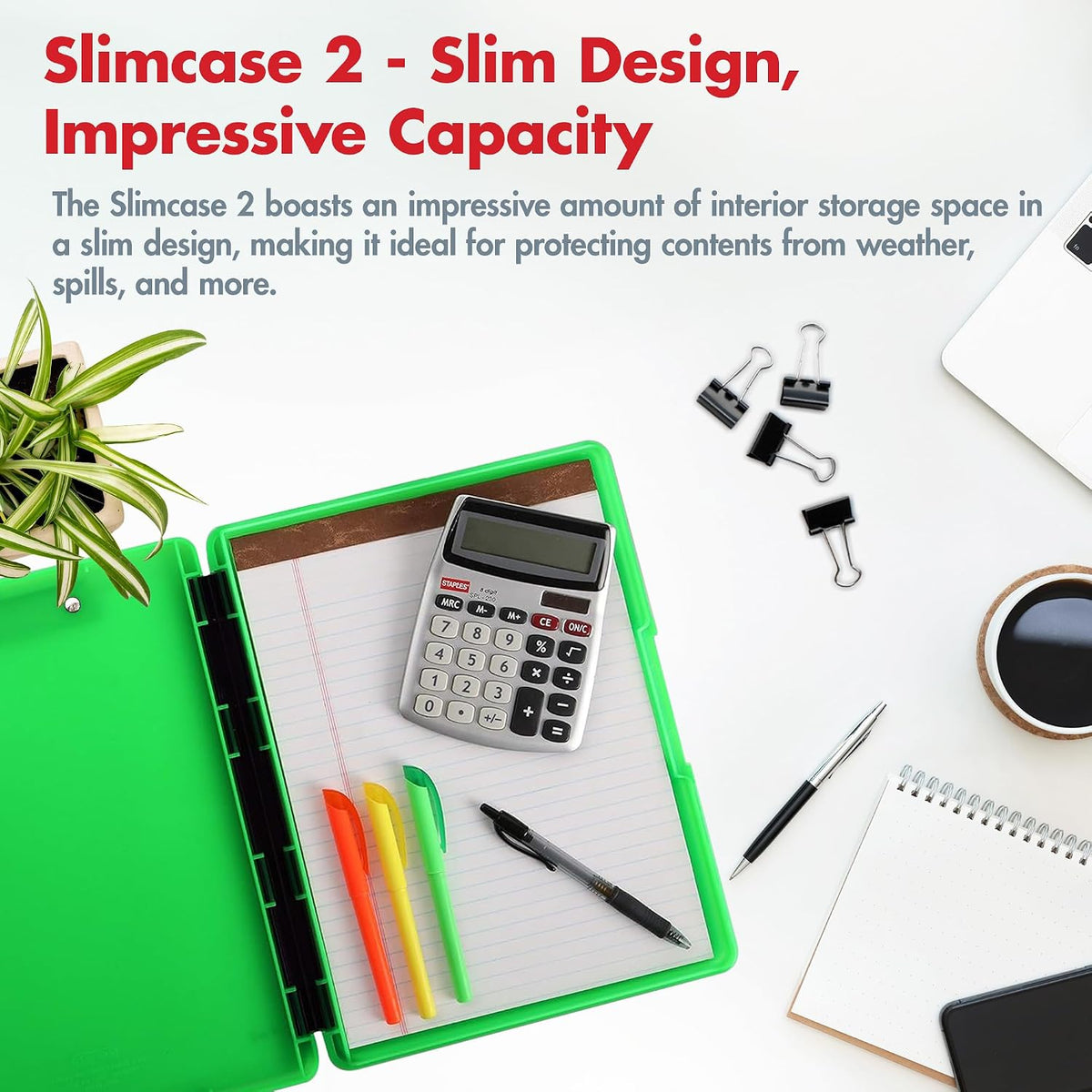Dexas Slimcase 2 Plastic Clipboard with Storage and Side Opening, Neon Green