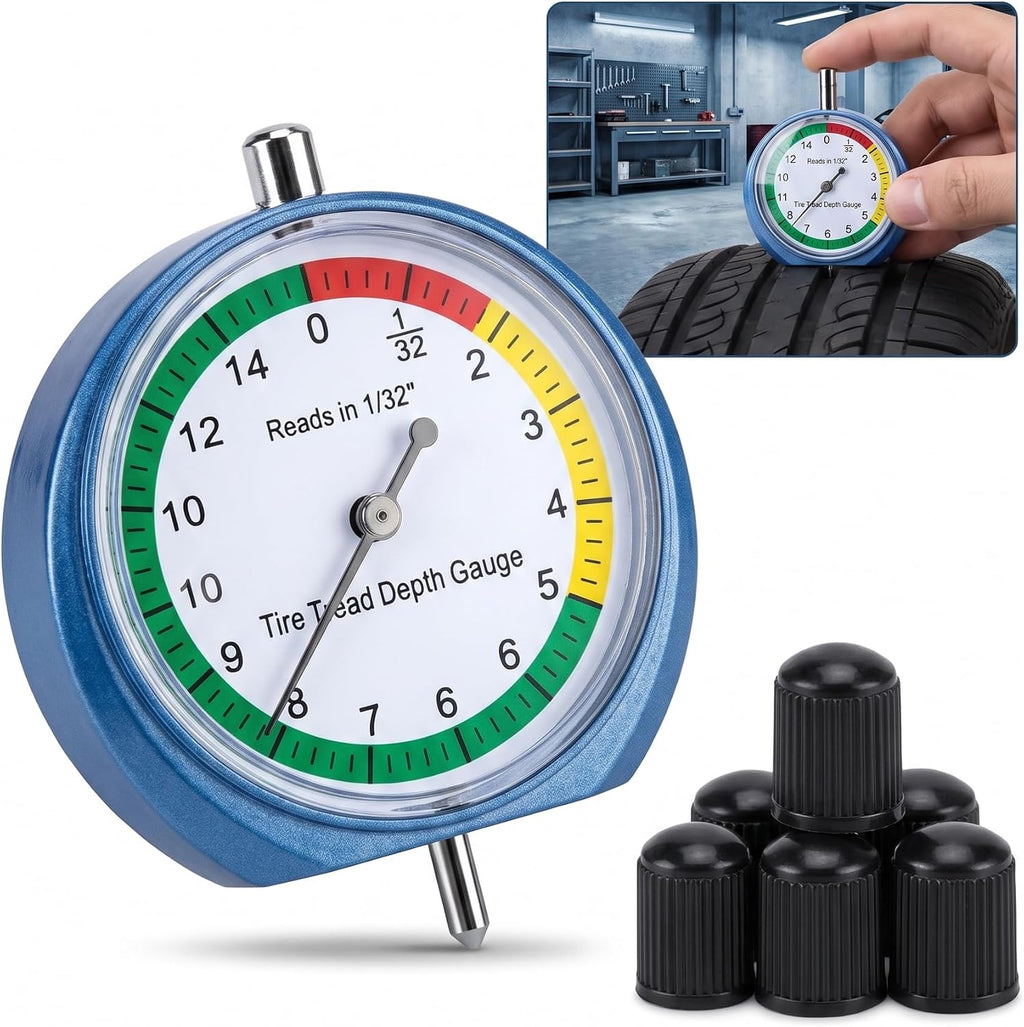 Tire Tread Depth Gauge, Dial Type Measurement Tool with 6 Air Nozzles