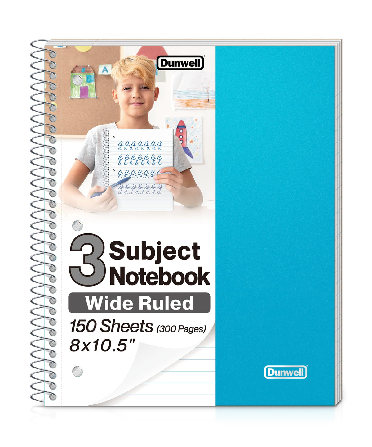 Dunwell 3-Subject Spiral Notebook, Wide Ruled, 150 Sheets, Black