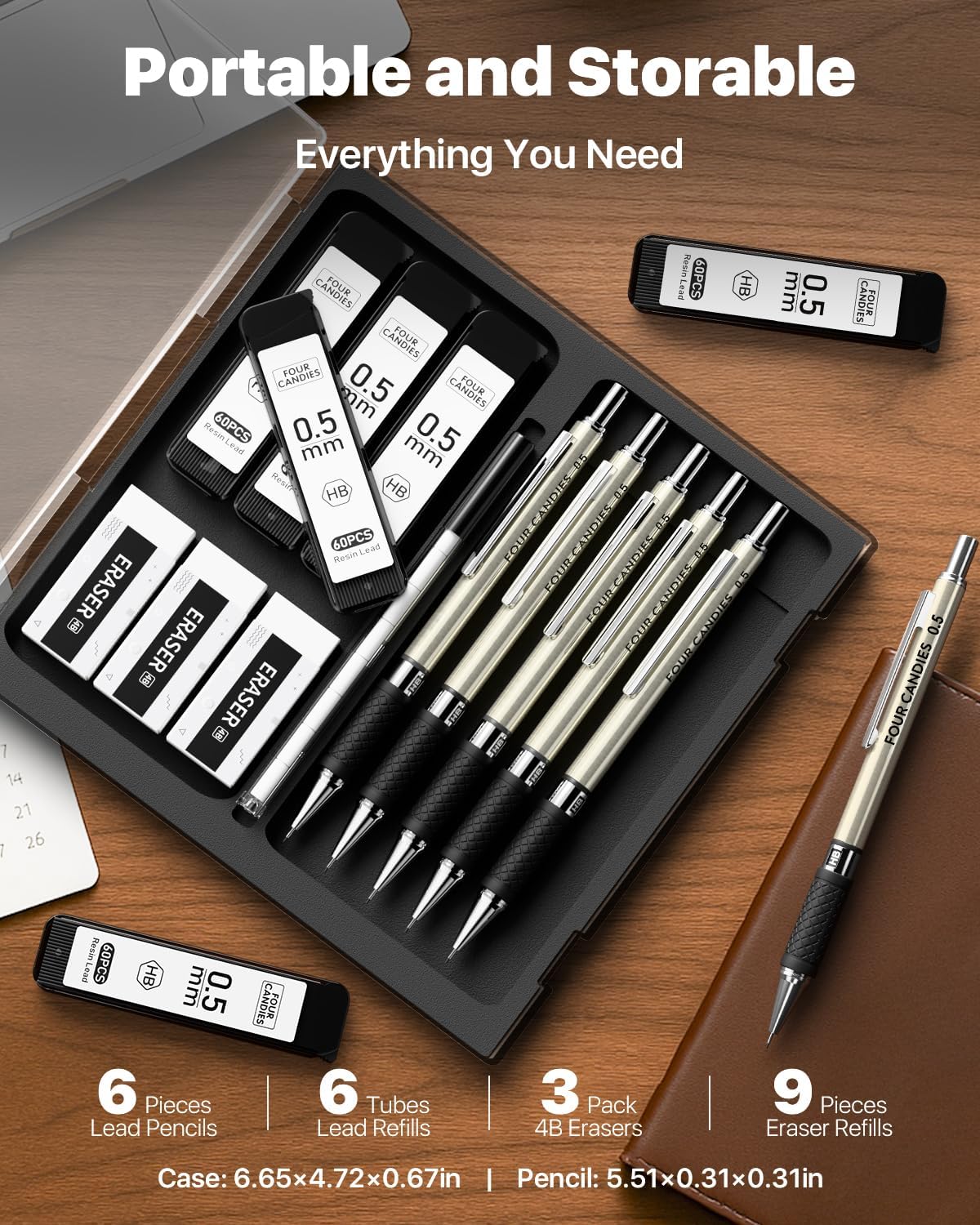Metal Mechanical Pencil Set with Case, 6-Pack 0.5mm Fine Point Pencils