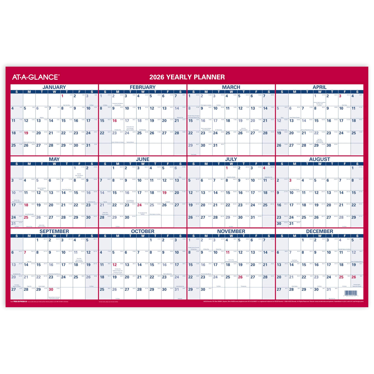AT-A-GLANCE 2027 Erasable Calendar, Dry Erase Wall Planner, 12" x 16"