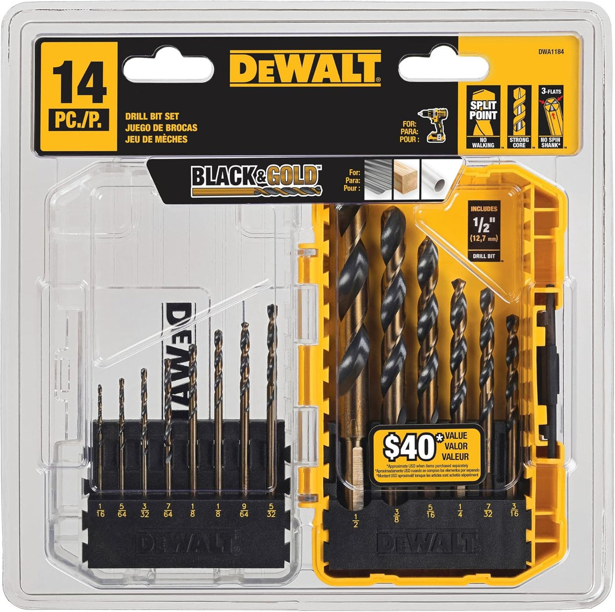 DEWALT Drill Bit Set, 3-Flats Shank,14-Piece, 135 Degree Split Point, for Plastic