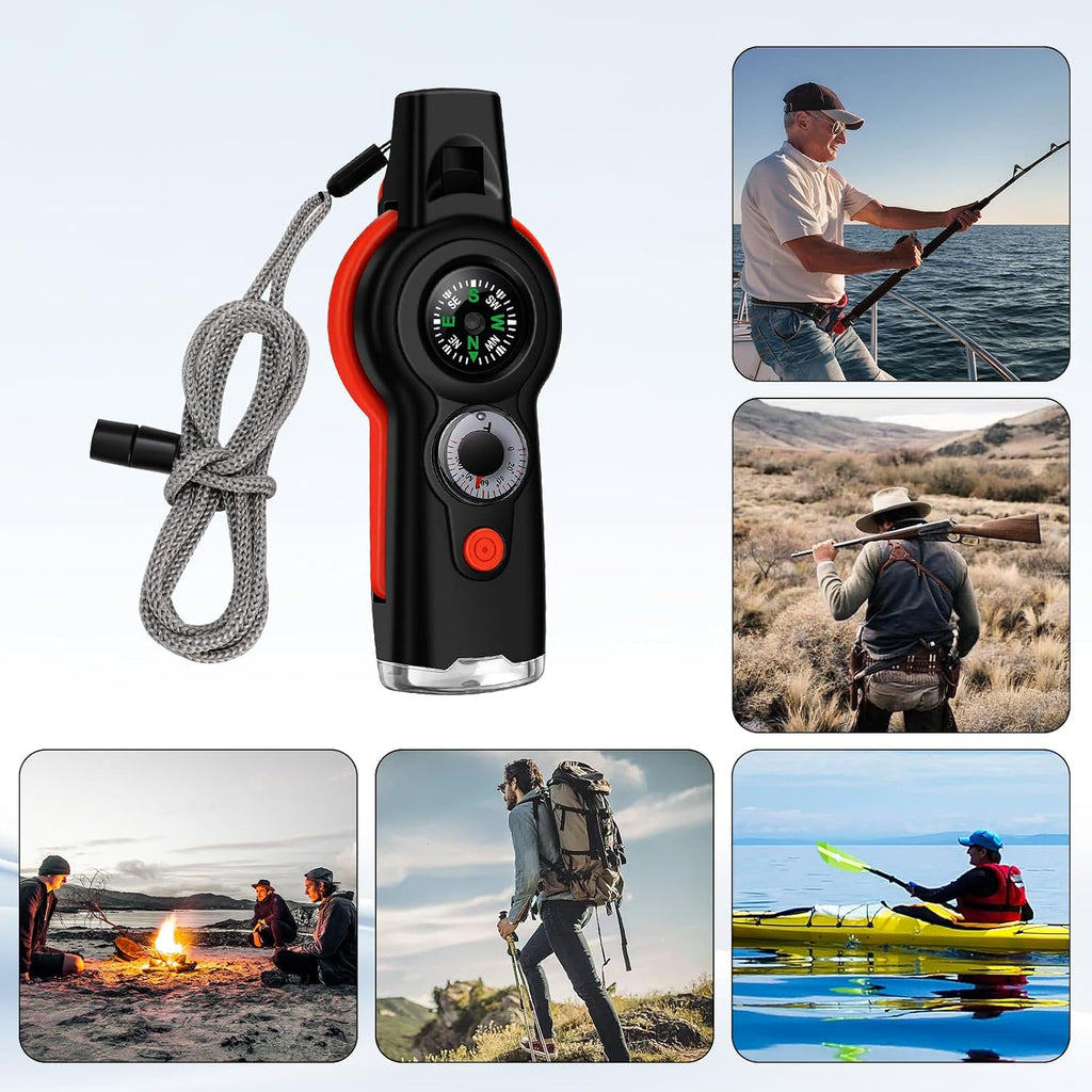 7-in-1 Emergency Survival Whistle with Lanyard, Safety Whistle with Compass