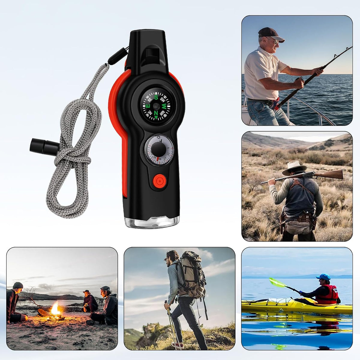 7-in-1 Emergency Survival Whistle with Lanyard, Safety Whistle with Compass
