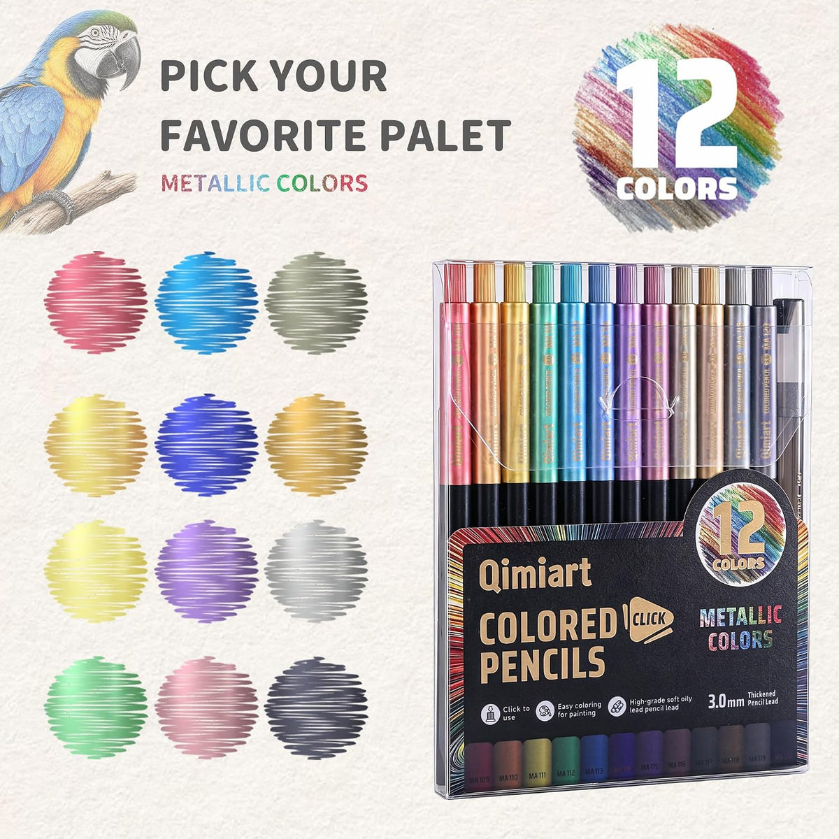 3.0mm Mechanical Colored Pencils Set, Pack of 12 (Metallic Color)