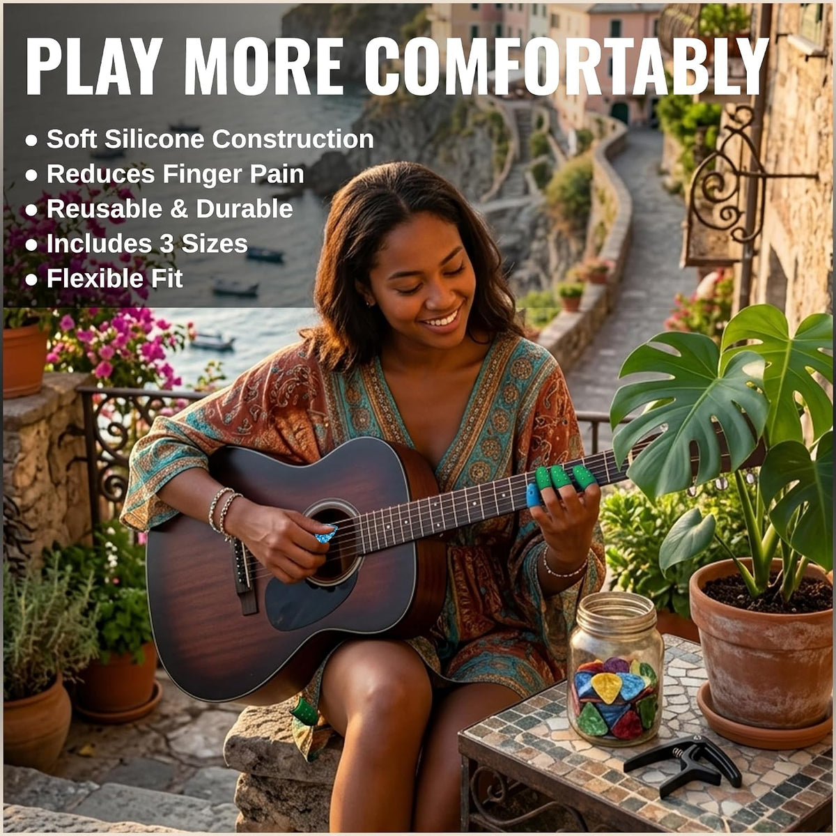 QMG Guitar Accessory Kit – Capo, String Winder, Picks & Finger Protectors